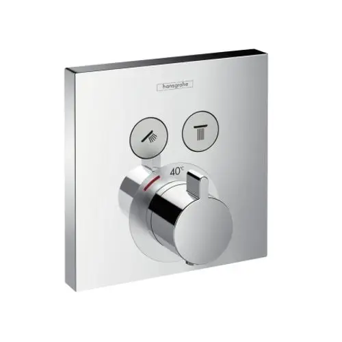 Thermostat mit rundem Bedienknopf und Temperaturanzeige, montiert auf einer rechteckigen Wandplatte. Enthält Symbole für Hand- und Kopfbrause. Marke: Hansgrohe.